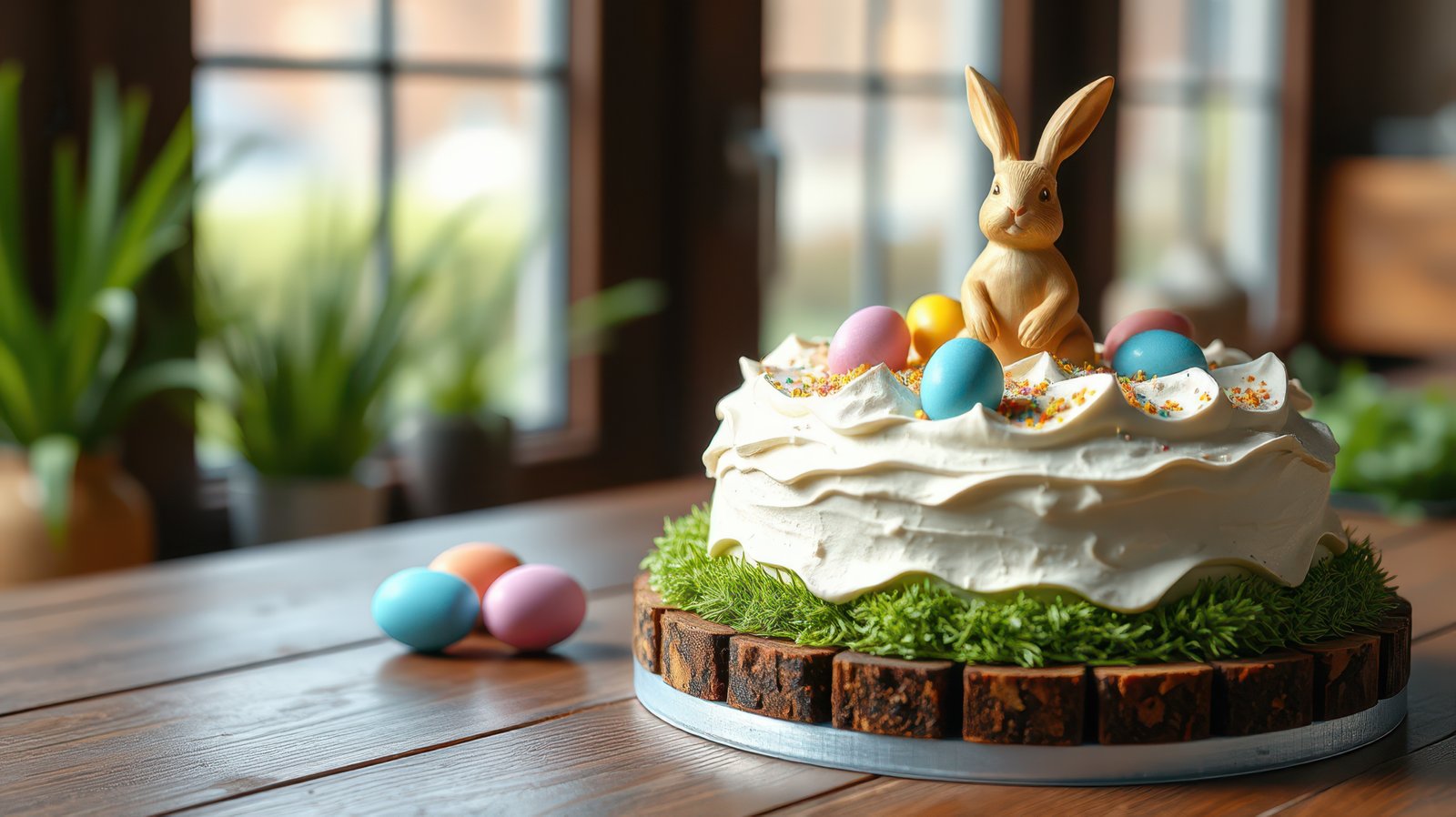 Festive Easter cake decorated with pastel eggs and a bunny sits on a rustic wooden table